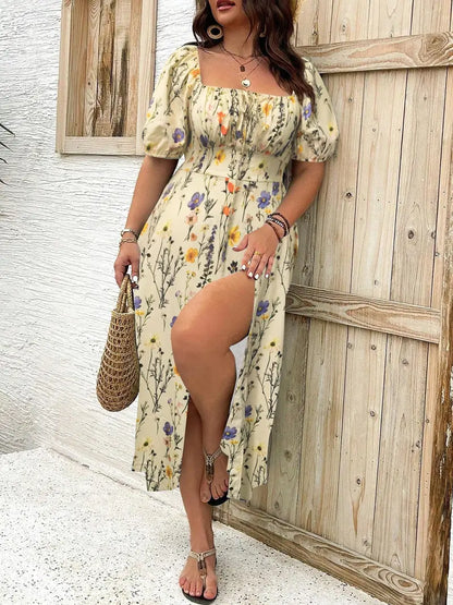 Women Boho Floral Print Split Thigh Dress – Puff Sleeve Tie Front Casual Midi Summer Dress for Daily Wear & Plus Size Fashion