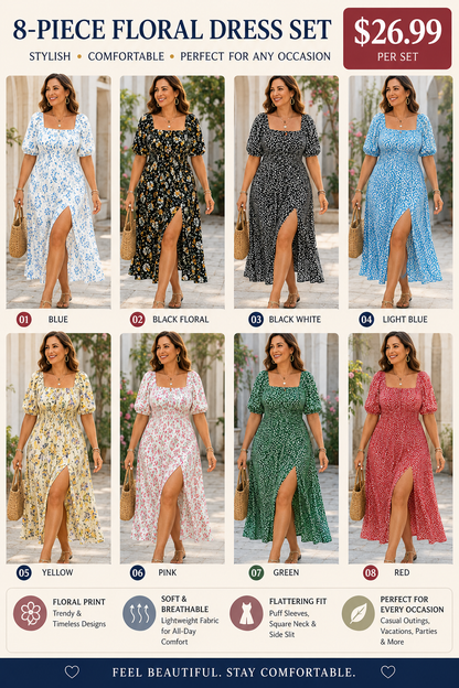 Women Boho Floral Print Split Thigh Dress – Puff Sleeve Tie Front Casual Midi Summer Dress for Daily Wear & Plus Size Fashion