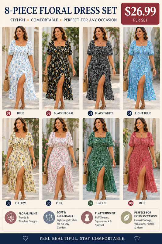 Women Boho Floral Print Split Thigh Dress – Puff Sleeve Tie Front Casual Midi Summer Dress for Daily Wear & Plus Size Fashion