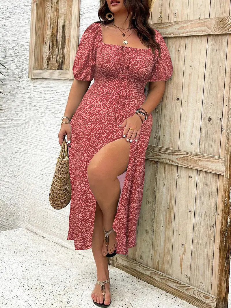 Women Boho Floral Print Split Thigh Dress – Puff Sleeve Tie Front Casual Midi Summer Dress for Daily Wear & Plus Size Fashion